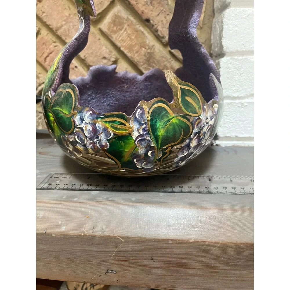 Vtg Hand-Painted Gourd Basket Hanging Planter Pot Stitched  Prple‎ green gold